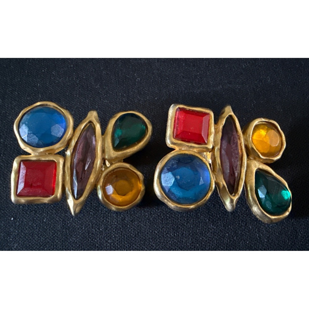 1980s Runway Butterfly Statement Clip On Earrings Gold Tone Multi Color